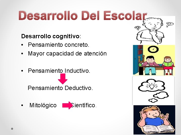 Desarrollo Del Escolar Desarrollo cognitivo: • Pensamiento concreto. • Mayor capacidad de atención •