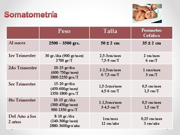 Somatometría Peso Talla Perímetro Cefálico 2500 – 3500 grs. 50 2 cm 35 2