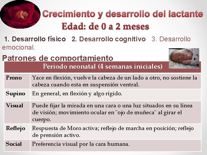 Crecimiento y desarrollo del lactante Edad: de 0 a 2 meses 1. Desarrollo físico