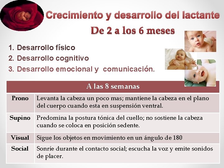 Crecimiento y desarrollo del lactante De 2 a los 6 meses 1. Desarrollo físico