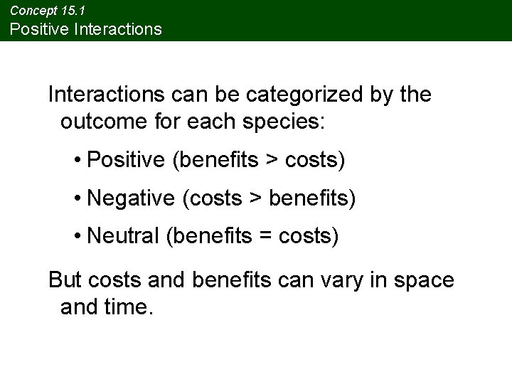 Concept 15. 1 Positive Interactions can be categorized by the outcome for each species: Concept 15. 1 Positive Interactions can be categorized by the outcome for each species: