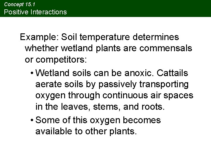 Concept 15. 1 Positive Interactions Example: Soil temperature determines whether wetland plants are commensals Concept 15. 1 Positive Interactions Example: Soil temperature determines whether wetland plants are commensals
