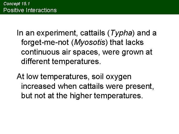 Concept 15. 1 Positive Interactions In an experiment, cattails (Typha) and a forget-me-not (Myosotis) Concept 15. 1 Positive Interactions In an experiment, cattails (Typha) and a forget-me-not (Myosotis)