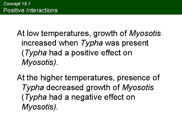 Concept 15. 1 Positive Interactions At low temperatures, growth of Myosotis increased when Typha Concept 15. 1 Positive Interactions At low temperatures, growth of Myosotis increased when Typha
