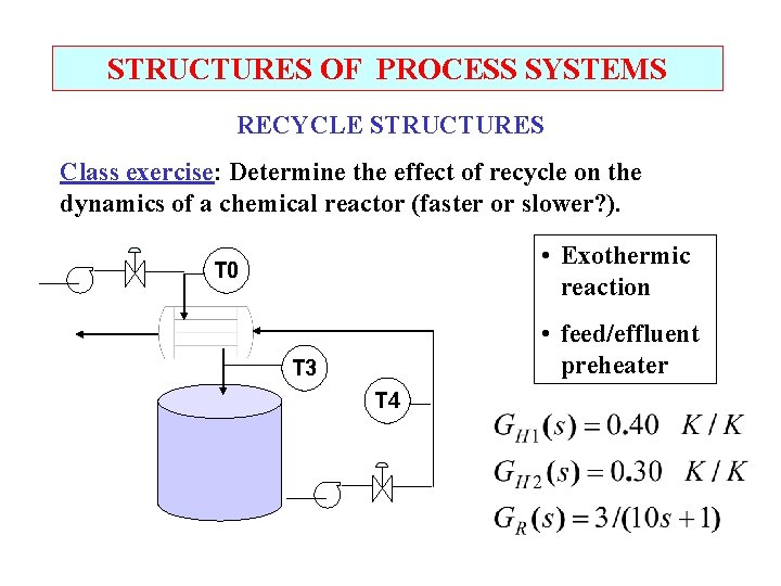 STRUCTURES OF PROCESS SYSTEMS RECYCLE STRUCTURES Class exercise: Determine the effect of recycle on