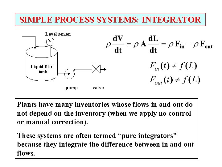 SIMPLE PROCESS SYSTEMS: INTEGRATOR Level sensor Liquid-filled tank pump valve Plants have many inventories