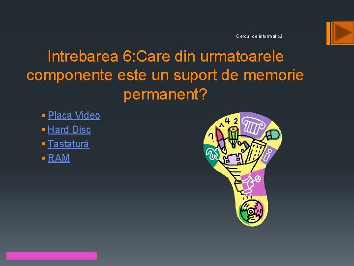 Cercul de informatică Intrebarea 6: Care din urmatoarele componente este un suport de memorie