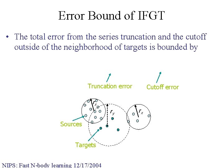 Error Bound of IFGT • The total error from the series truncation and the