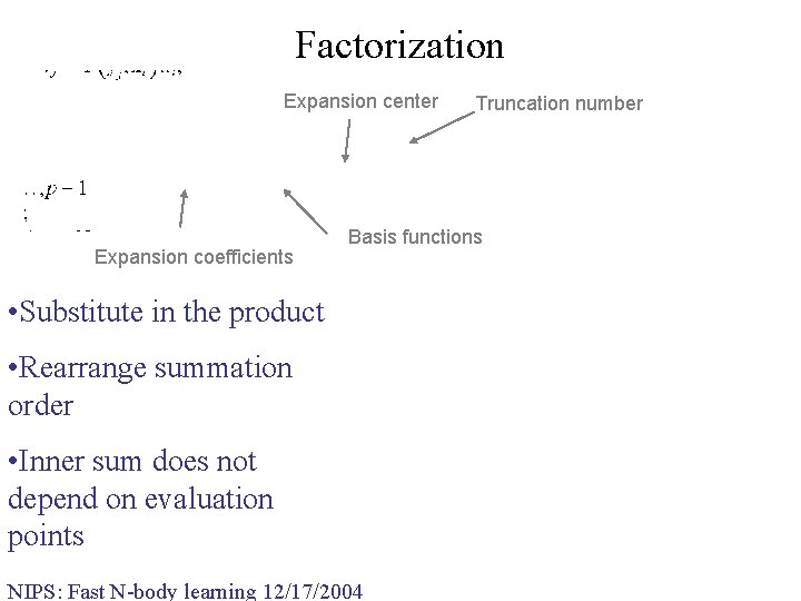 Factorization Expansion center Expansion coefficients Truncation number Basis functions • Substitute in the product