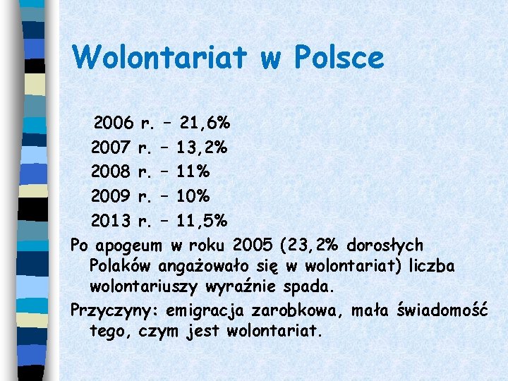 Wolontariat w Polsce 2006 r. – 21, 6% 2007 r. – 13, 2% 2008