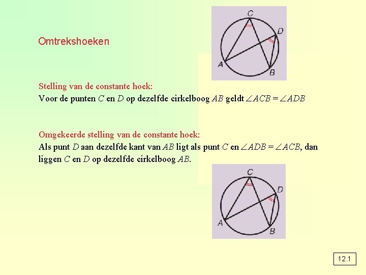 Omtrekshoeken Stelling van de constante hoek: Voor de punten C en D op dezelfde