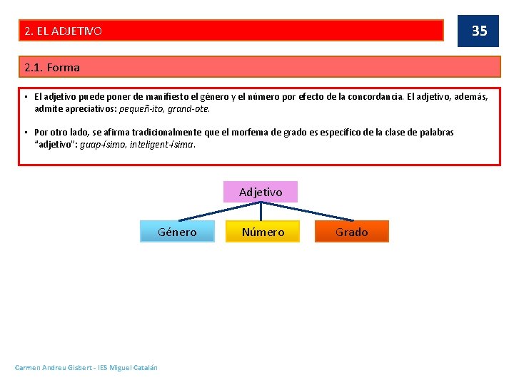 35 2. EL ADJETIVO 2. 1. Forma • El adjetivo puede poner de manifiesto