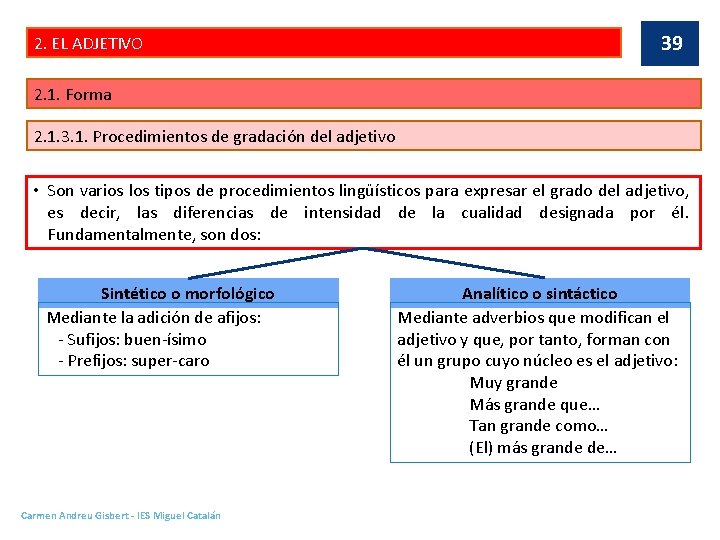 2. EL ADJETIVO 39 2. 1. Forma 2. 1. 3. 1. Procedimientos de gradación