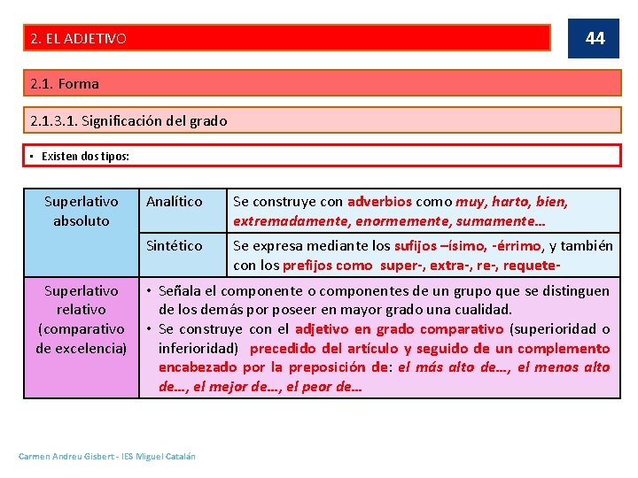 44 2. EL ADJETIVO 2. 1. Forma 2. 1. 3. 1. Significación del grado