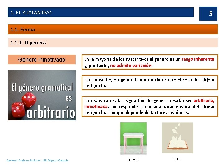 1. EL SUSTANTIVO 5 1. 1. Forma 1. 1. 1. El género Género inmotivado