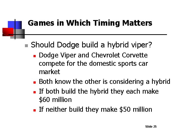 Games in Which Timing Matters n Should Dodge build a hybrid viper? n n