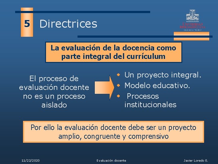 5 Directrices La evaluación de la docencia como parte integral del currículum El proceso