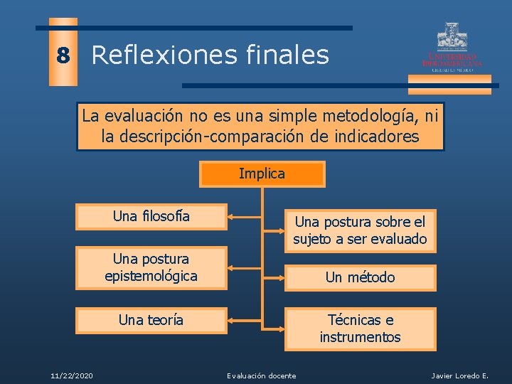 8 Reflexiones finales La evaluación no es una simple metodología, ni la descripción-comparación de