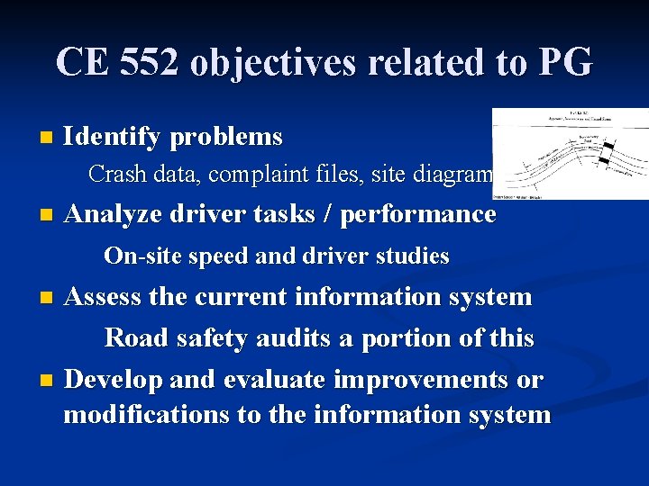 CE 552 objectives related to PG n Identify problems Crash data, complaint files, site