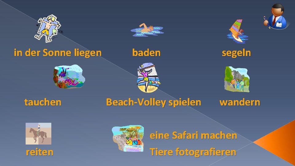 in der Sonne liegen tauchen reiten baden Beach-Volley spielen segeln wandern eine Safari machen