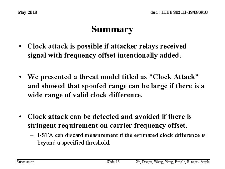 May 2018 doc. : IEEE 802. 11 -18/0939 r 0 Summary • Clock attack