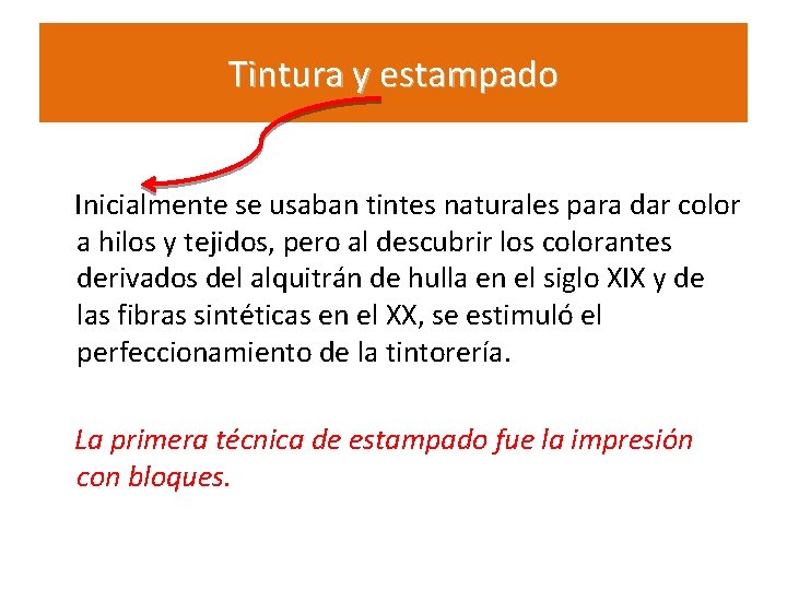 Tintura y estampado Inicialmente se usaban tintes naturales para dar color a hilos y