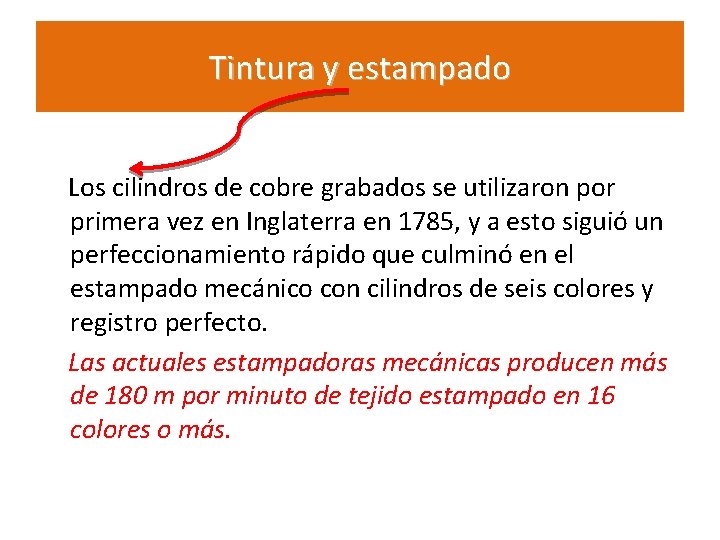 Tintura y estampado Los cilindros de cobre grabados se utilizaron por primera vez en