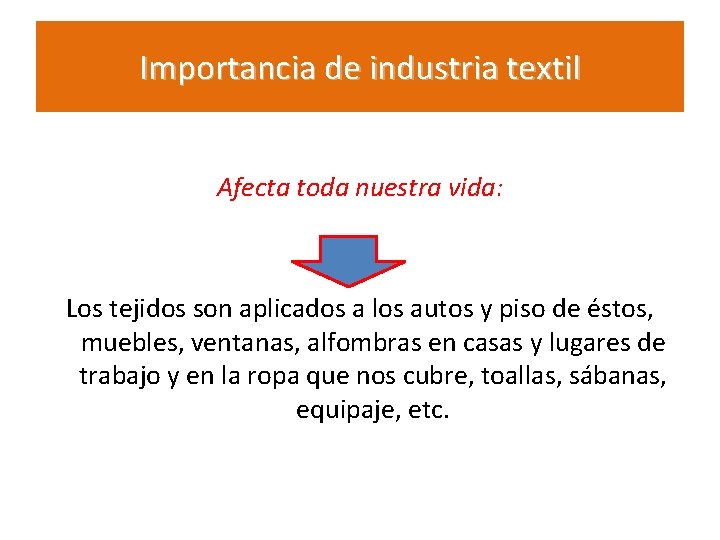 Importancia de industria textil Afecta toda nuestra vida: Los tejidos son aplicados a los