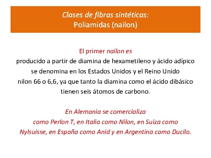 Clases de fibras sintéticas: Poliamidas (nailon) El primer nailon es producido a partir de