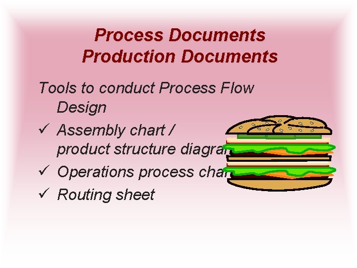 Process Documents Production Documents Tools to conduct Process Flow Design ü Assembly chart /