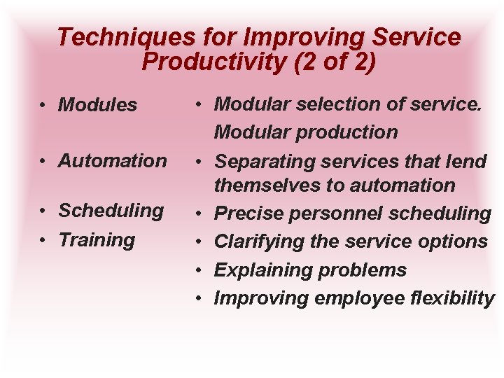 Techniques for Improving Service Productivity (2 of 2) • Modules • Automation • Scheduling