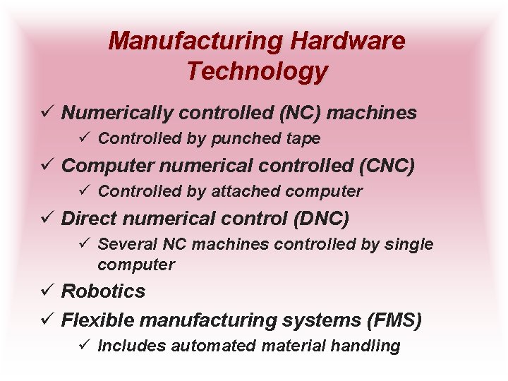 Manufacturing Hardware Technology ü Numerically controlled (NC) machines ü Controlled by punched tape ü