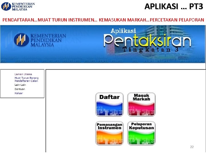 APLIKASI … PT 3 PENDAFTARAN…MUAT TURUN INSTRUMEN… KEMASUKAN MARKAH…PERCETAKAN PELAPORAN 22 