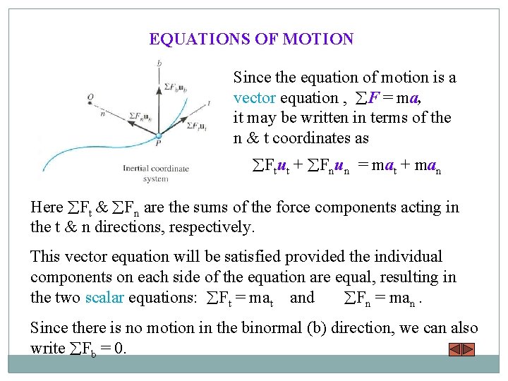 EQUATIONS OF MOTION Since the equation of motion is a vector equation , F