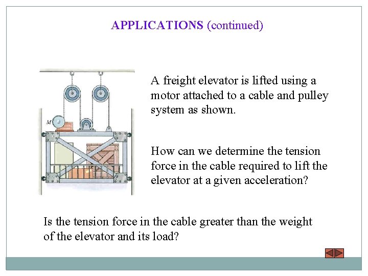 APPLICATIONS (continued) A freight elevator is lifted using a motor attached to a cable