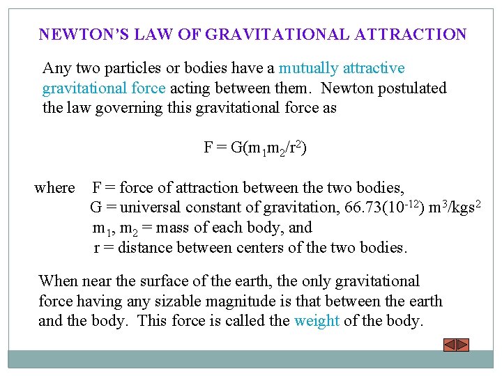 NEWTON’S LAW OF GRAVITATIONAL ATTRACTION Any two particles or bodies have a mutually attractive