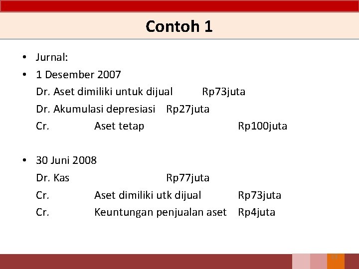 Contoh 1 • Jurnal: • 1 Desember 2007 Dr. Aset dimiliki untuk dijual Rp Contoh 1 • Jurnal: • 1 Desember 2007 Dr. Aset dimiliki untuk dijual Rp