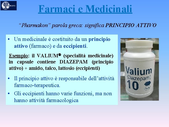 Farmaci e Medicinali “Pharmakon” parola greca: significa PRINCIPIO ATTIVO • Un medicinale è costituito