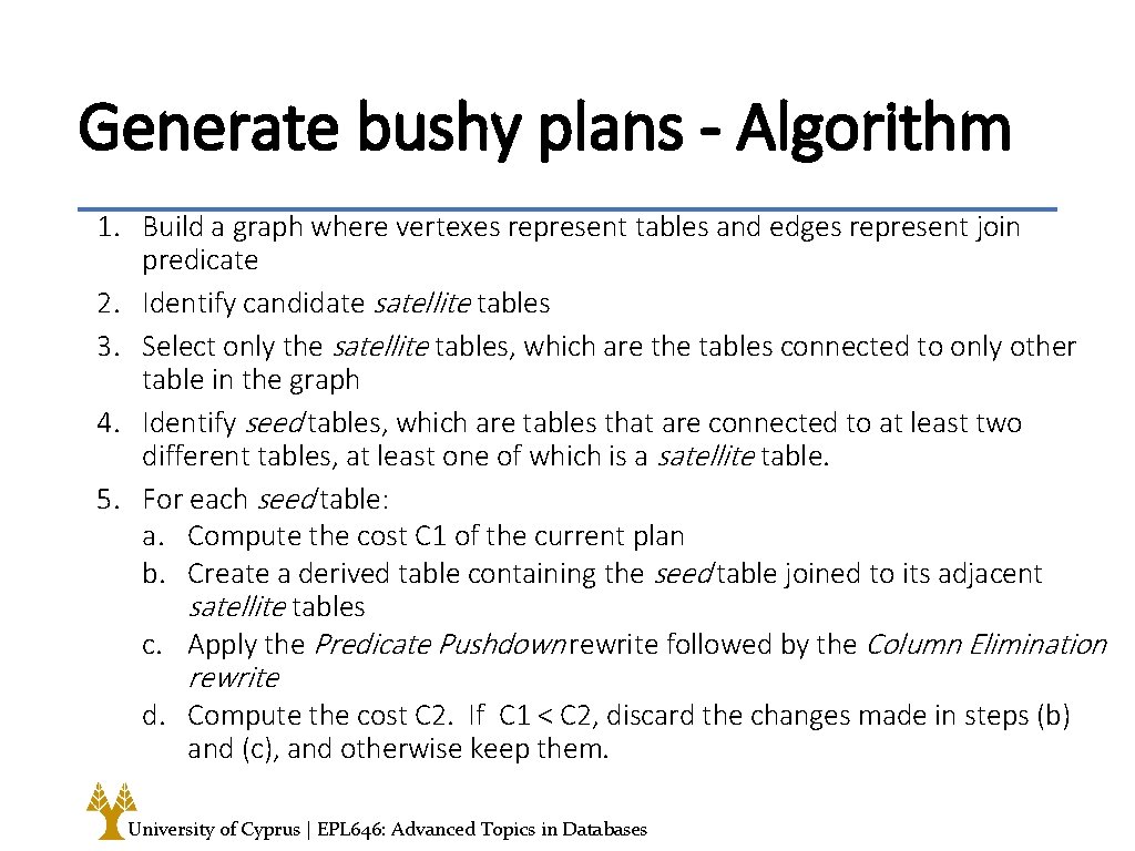 Generate bushy plans - Algorithm 1. Build a graph where vertexes represent tables and