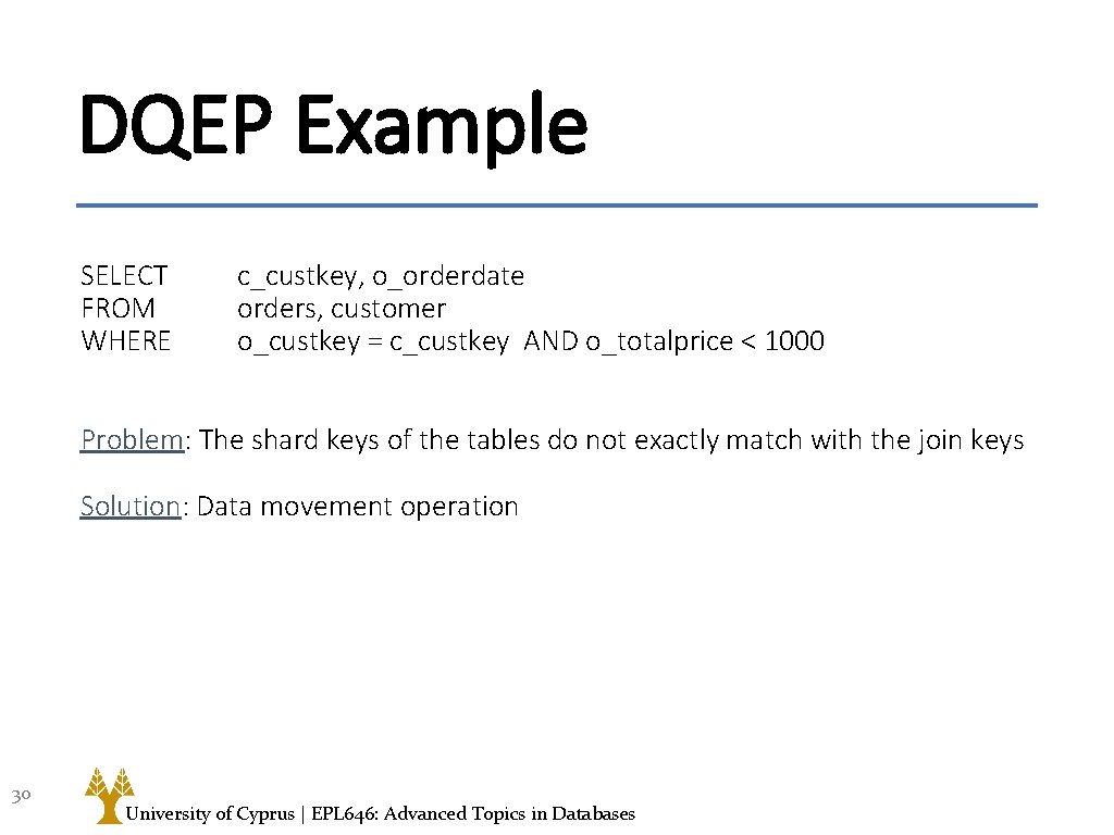 DQEP Example SELECT FROM WHERE c_custkey, o_orderdate orders, customer o_custkey = c_custkey AND o_totalprice