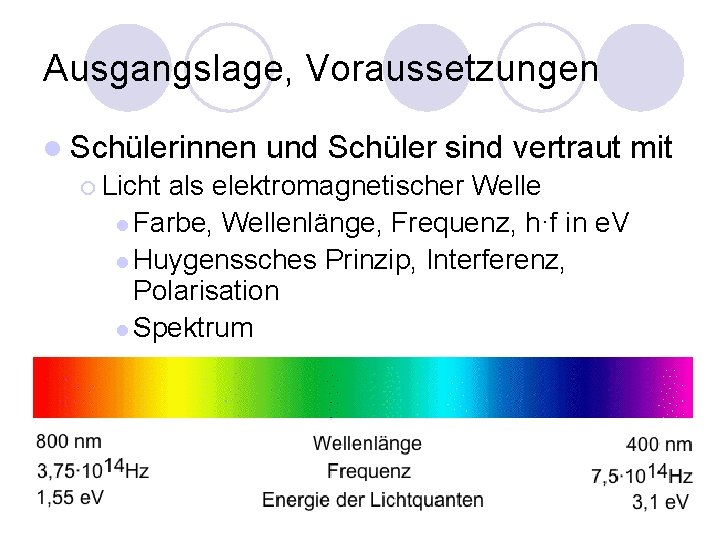 Ausgangslage, Voraussetzungen l Schülerinnen und Schüler sind vertraut mit ¡ Licht als elektromagnetischer Welle