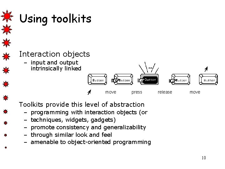Using toolkits Interaction objects – input and output intrinsically linked move press release move