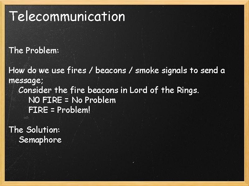 Telecommunication The Problem: How do we use fires / beacons / smoke signals to