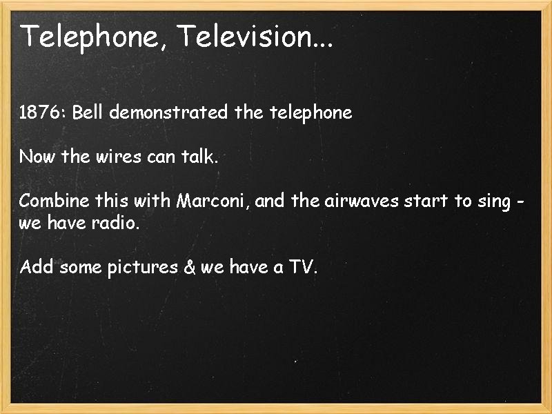 Telephone, Television. . . 1876: Bell demonstrated the telephone Now the wires can talk.