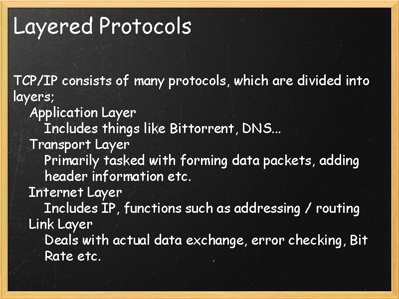 Layered Protocols TCP/IP consists of many protocols, which are divided into layers; Application Layer