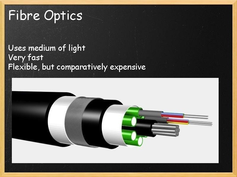 Fibre Optics Uses medium of light Very fast Flexible, but comparatively expensive 