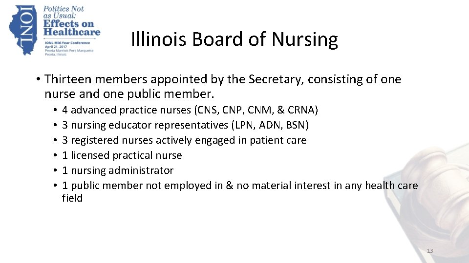 Illinois Board of Nursing • Thirteen members appointed by the Secretary, consisting of one