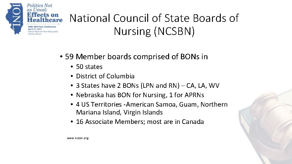 National Council of State Boards of Nursing (NCSBN) • 59 Member boards comprised of