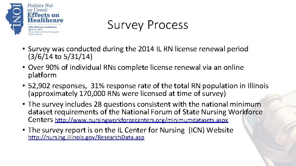 Survey Process • Survey was conducted during the 2014 IL RN license renewal period