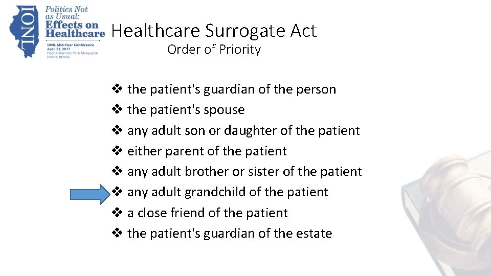 Healthcare Surrogate Act Order of Priority v the patient's guardian of the person v